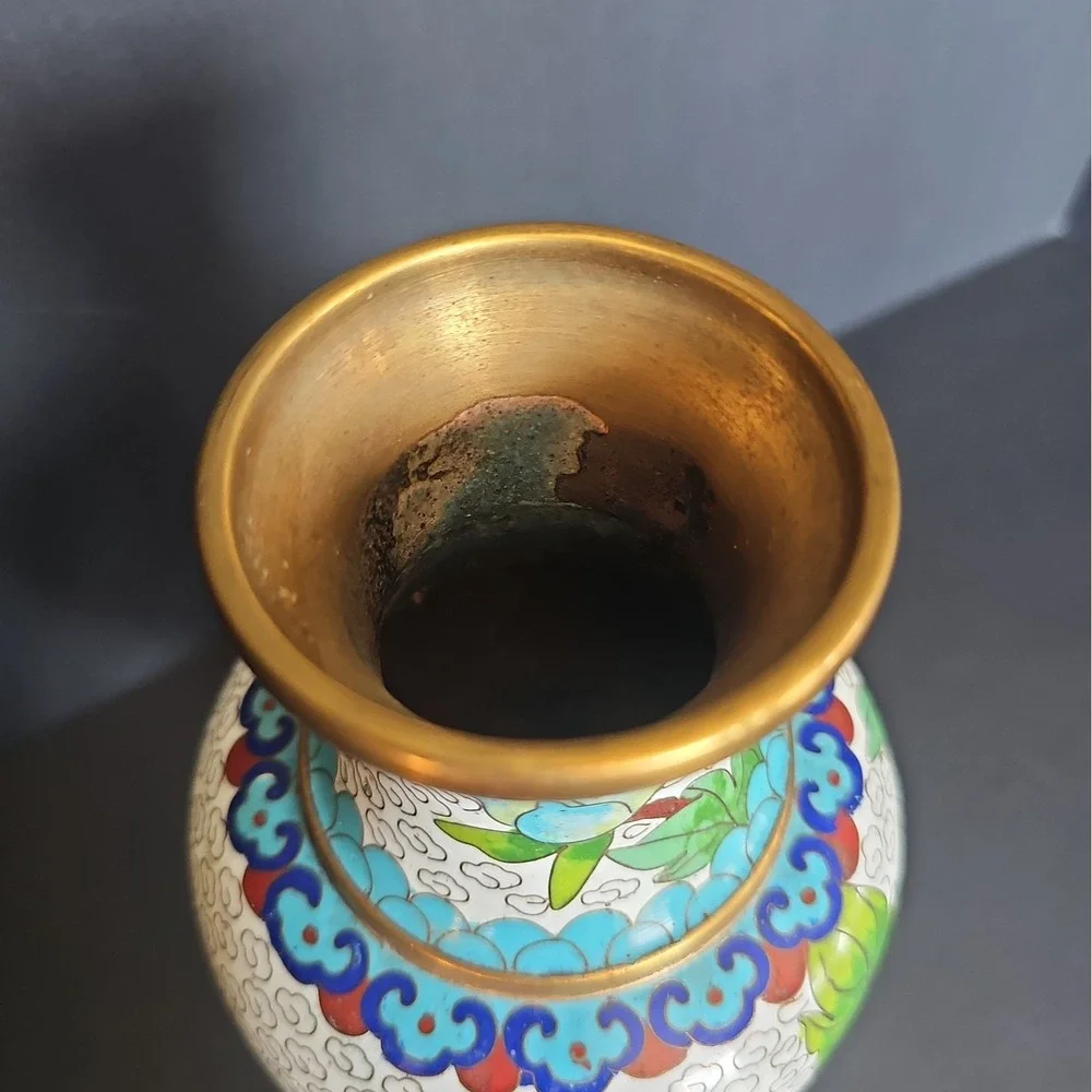 Vintage Cloisonne Flower Floral Enamel Brass Vase 7.5